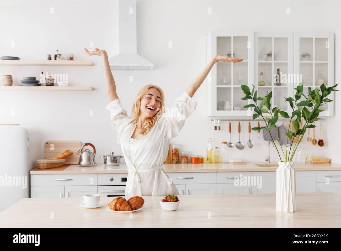 Wonderful morning, emotions of happiness and excellent mood at home alone Stock Photo