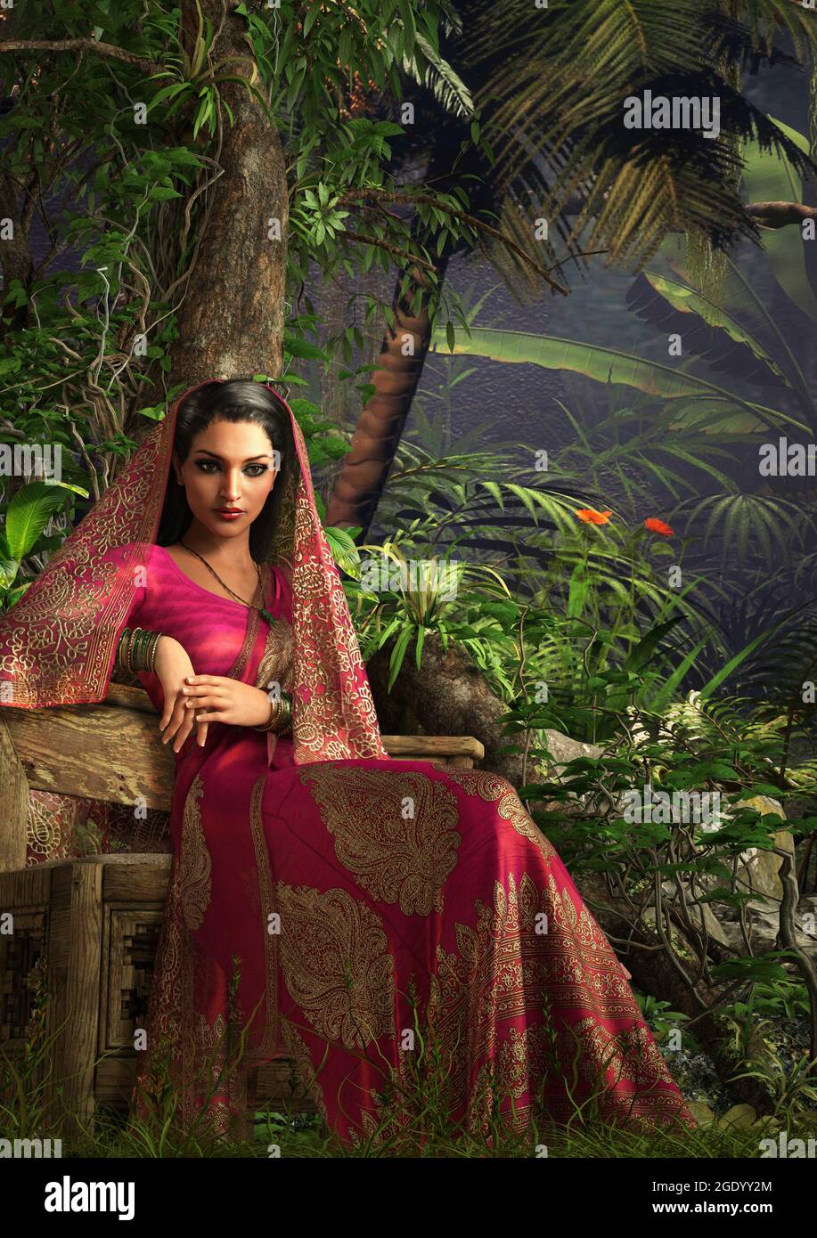 3d computer graphics of a woman with Indian dress and tropical environment Stock Photo