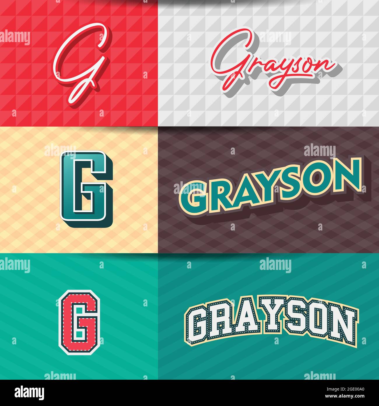 Male name Grayson in various Retro graphic design elements, set of