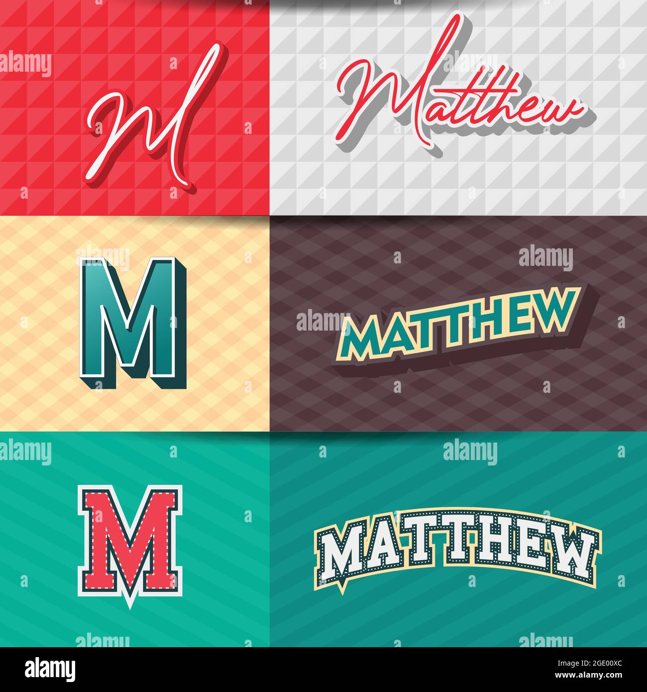 ,Male name,Matthew in various Retro graphic design elements, set of