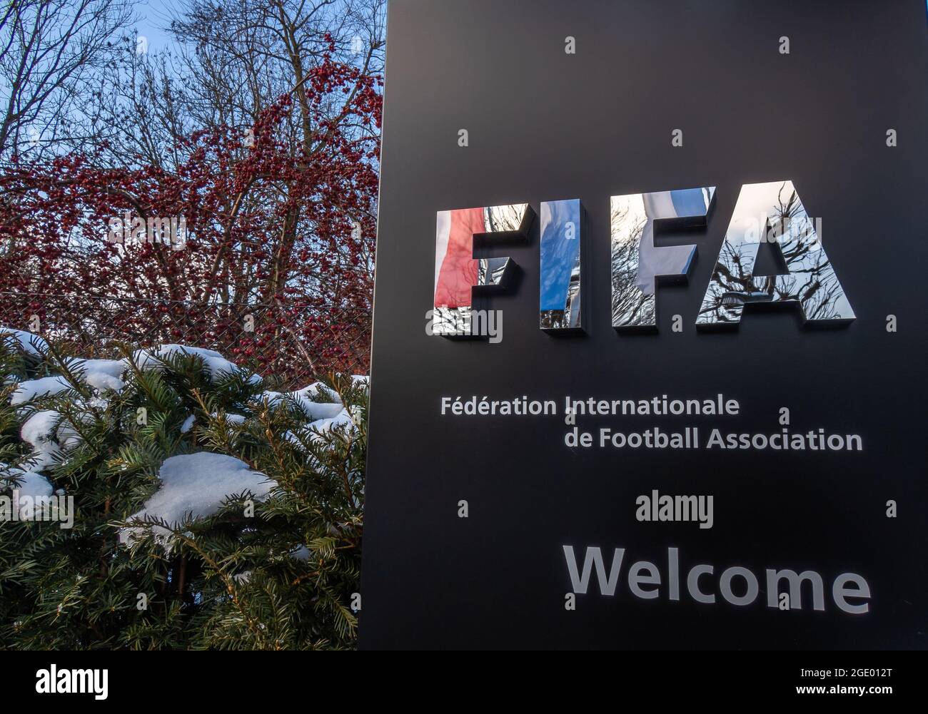 Zurich, Switzerland - January 10, 2021: FIFA is a non-profit organization and an international governing body of association football, futsal and beac Stock Photo