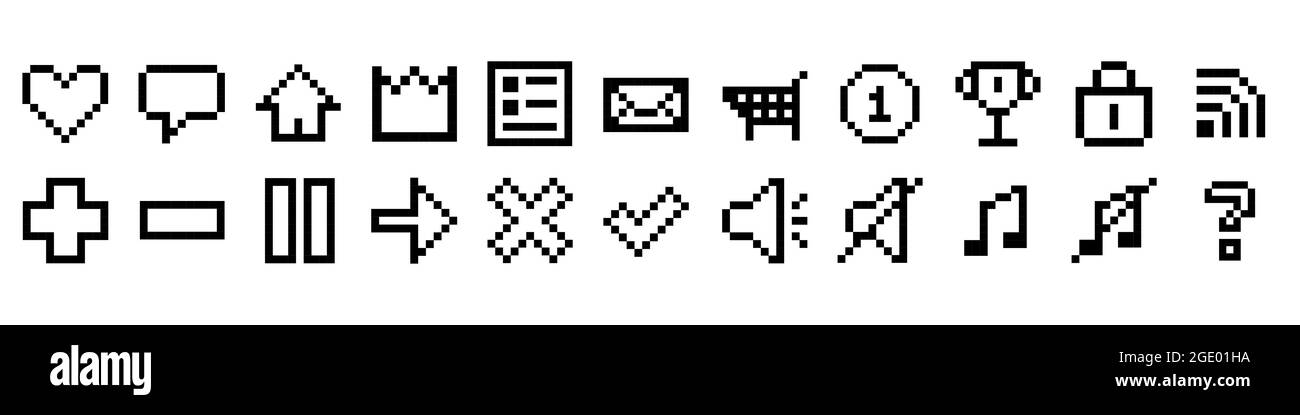 Pixel vector illustration. 8-bit black and white game icons. Signs for mobile app Stock Vector