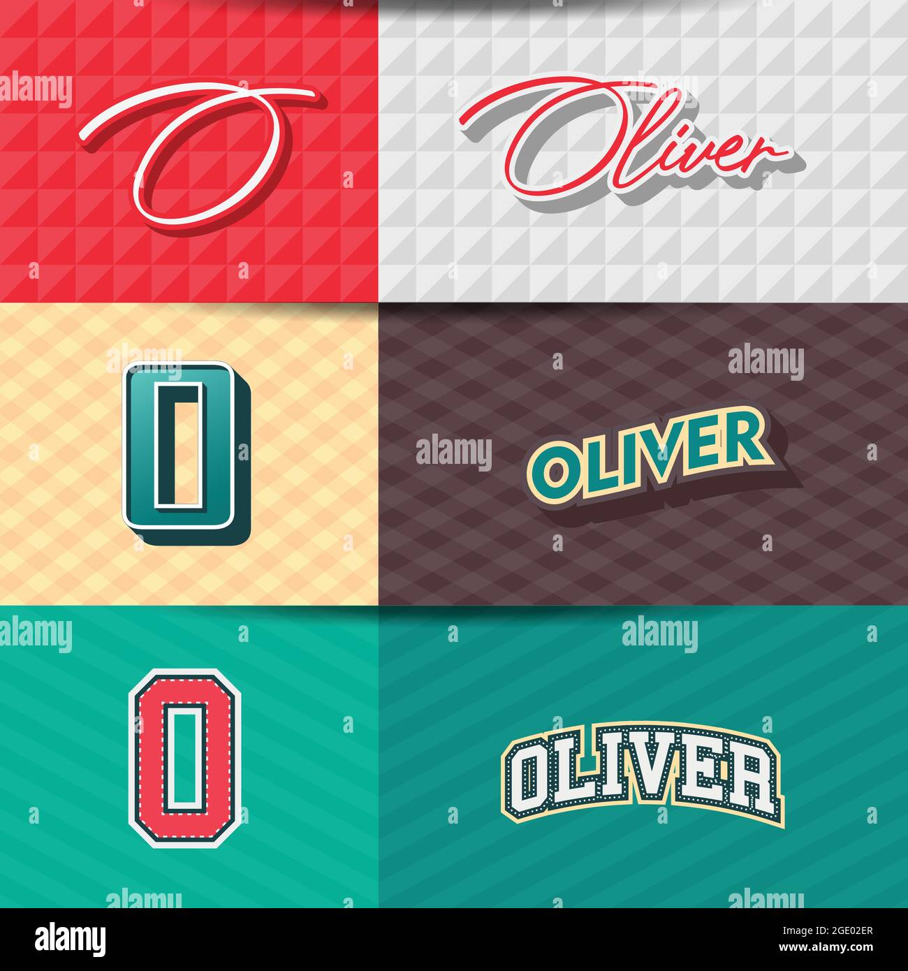 ,Male name,Oliver in various Retro graphic design elements, set of vector Retro Typography graphic design illustration Stock Vector