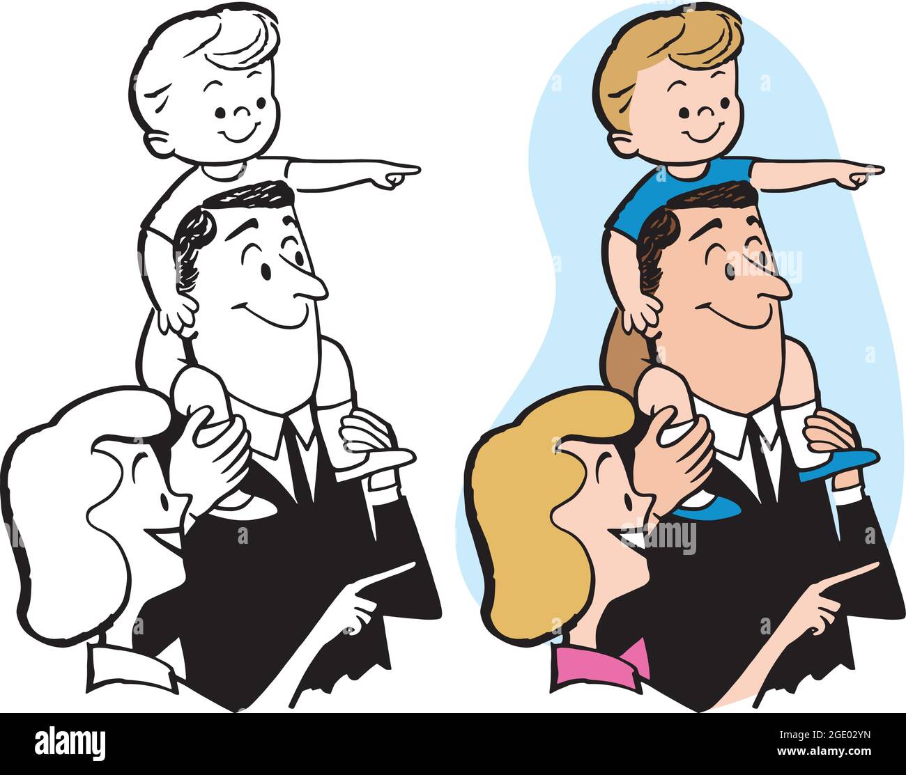 A vintage retro cartoon of a family with a young boy on his father's shoulders. Stock Vector