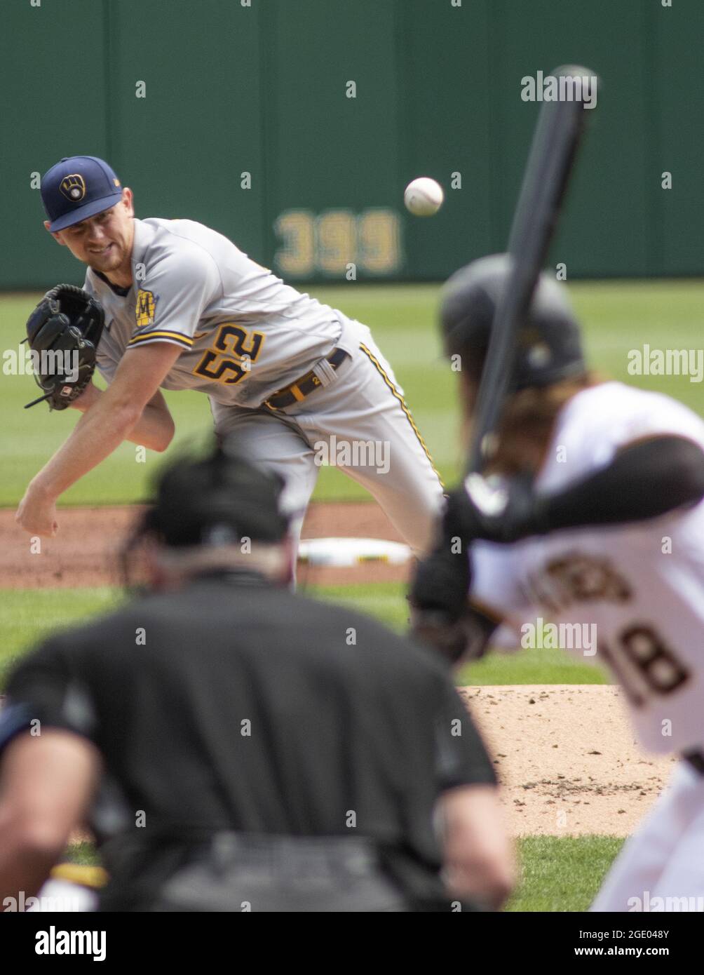 Pittsburgh, United States. 15th Aug, 2021. Milwaukee Brewers starting pitcher Eric Lauer (52) throws to Pittsburgh Pirates left fielder Ben Gamel (18) in the first inning at PNC Park on Sunday, August 15, 2021 in Pittsburgh. Photo by Archie Carpenter/UPI Credit: UPI/Alamy Live News Stock Photo