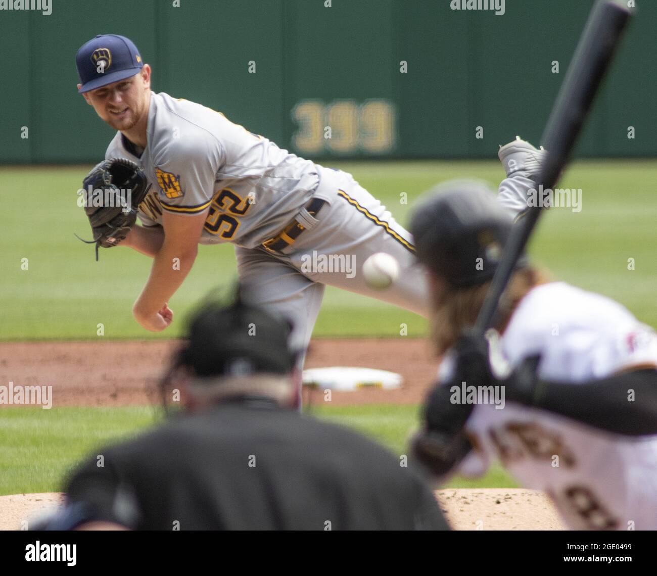 Pittsburgh, United States. 15th Aug, 2021. Milwaukee Brewers starting pitcher Eric Lauer (52) throws to Pittsburgh Pirates left fielder Ben Gamel (18) in the first inning at PNC Park on Sunday, August 15, 2021 in Pittsburgh. Photo by Archie Carpenter/UPI Credit: UPI/Alamy Live News Stock Photo