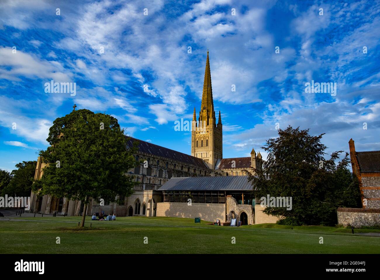 Beautiful Norwich Cathedral prominent with its 315 foot Spire, the second tallest in England. Stock Photo