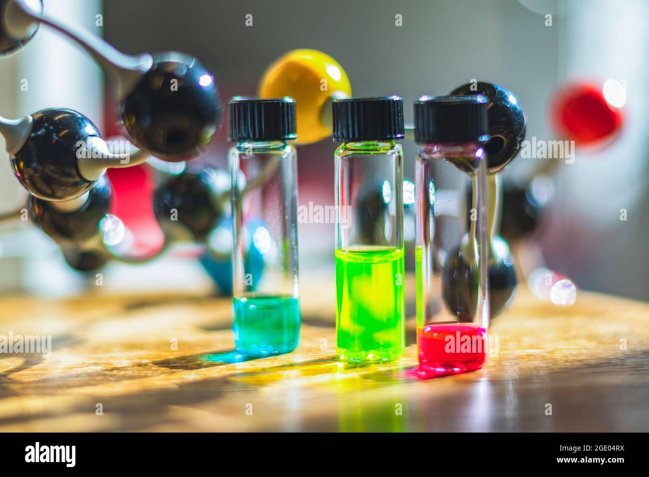 Chemical test solutions in different vials under the light with