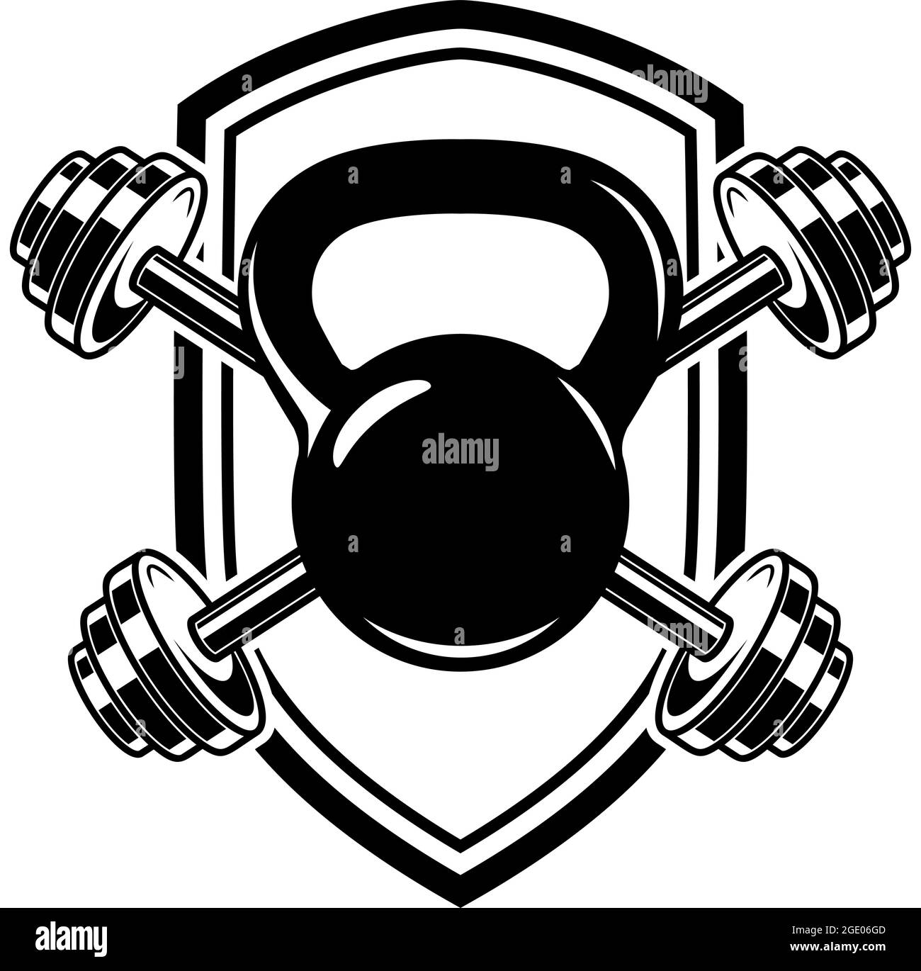 Emblem with kettlebells and barbells. Design element for logo, label