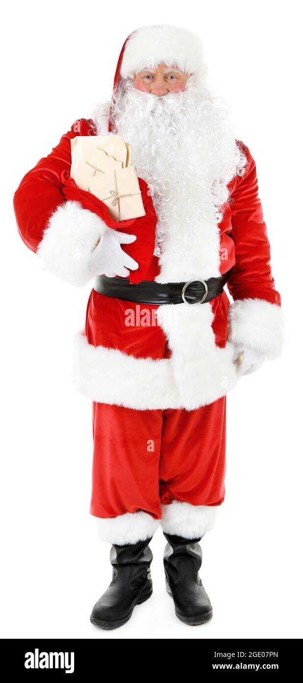 Santa Claus holding bag with letters isolated on white background Stock ...