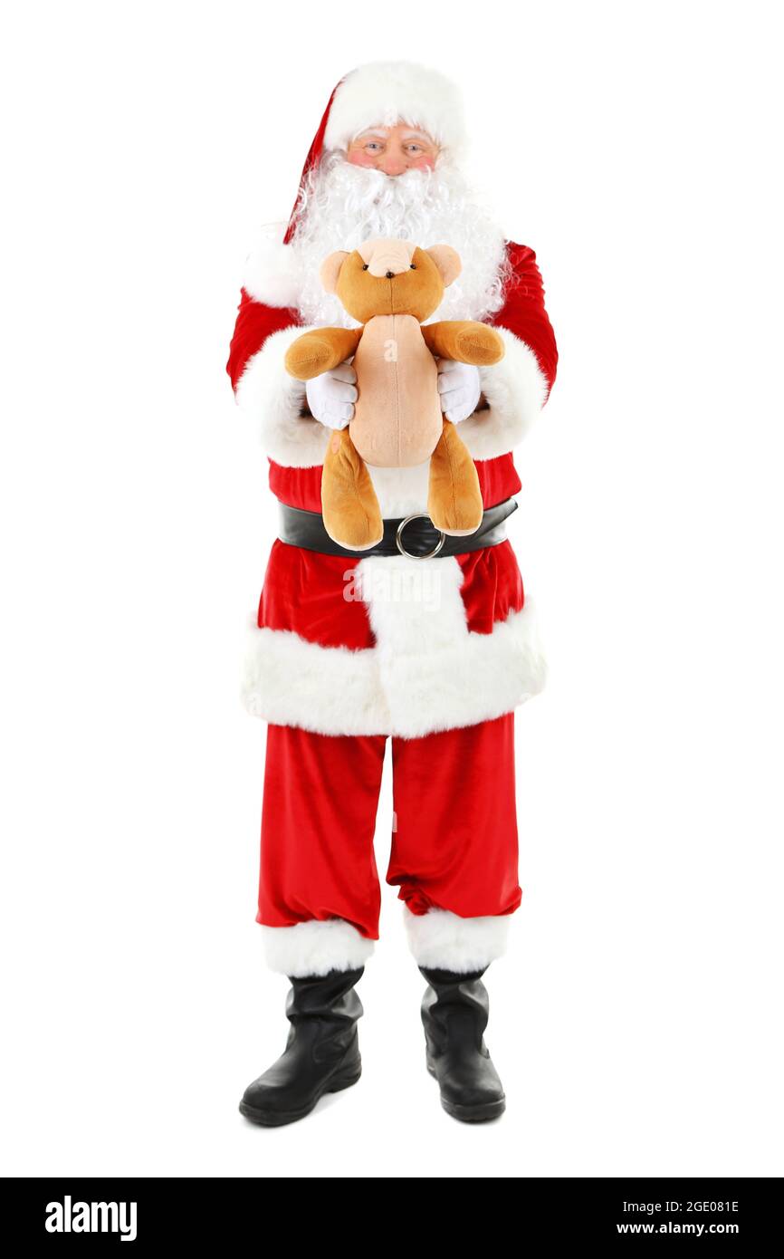 Santa Claus holding present isolated on white background Stock Photo ...