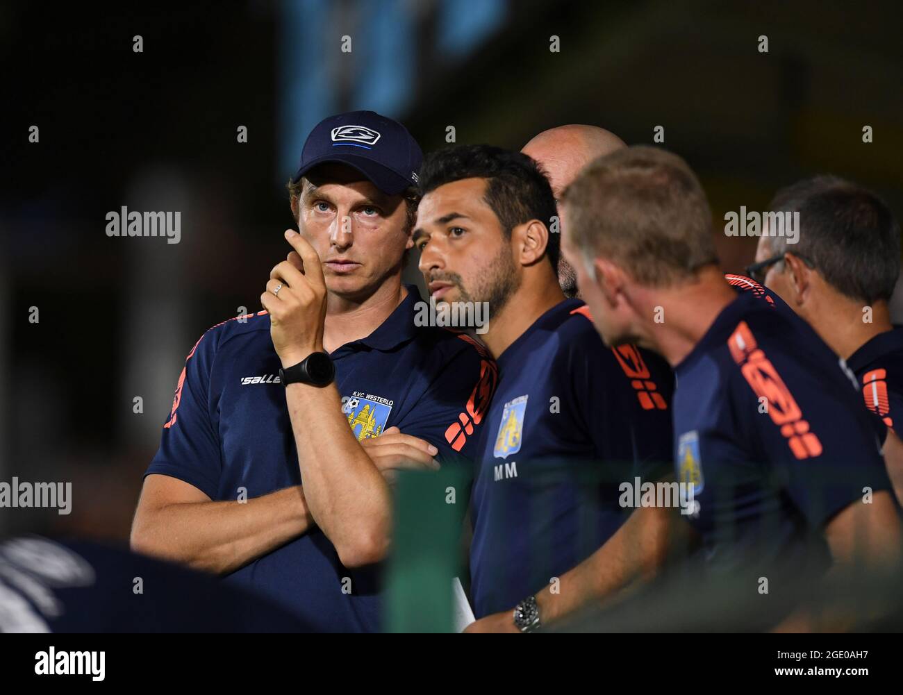 Westerlo's head coach Jonas De Roeck talks to his staff during a soccer match between Royal Excelsior Virton and KVC Westerlo, Sunday 15 August 2021 i Stock Photo