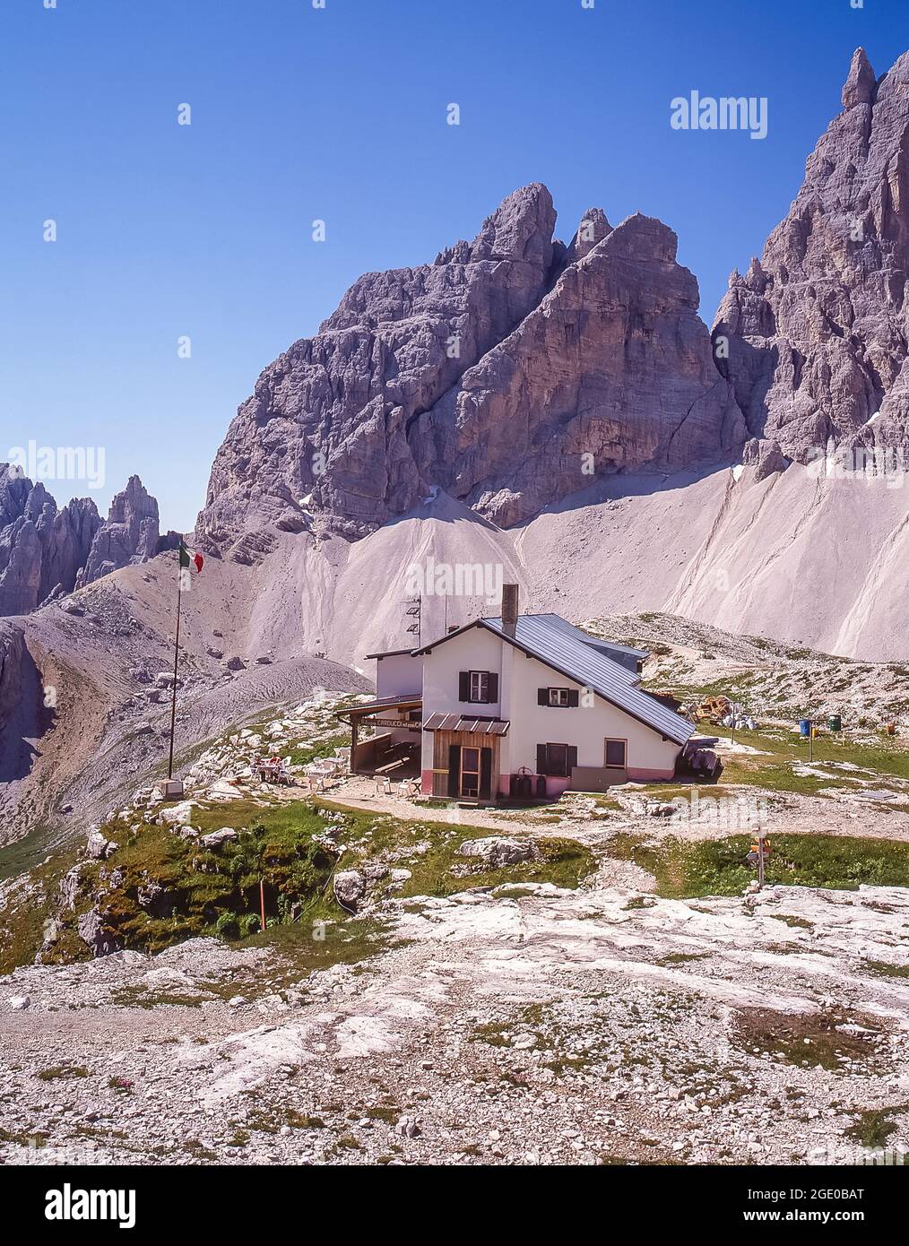 This is the Italian Alpine Club CAI owned Rifugio Carducci mountain refuge close-by the formidable peak of the Zwolferkogel in the Sexton-Sesto Dolomites region of the Italian Dolomites, the Alto Adige of the Sud Tyrol Stock Photo