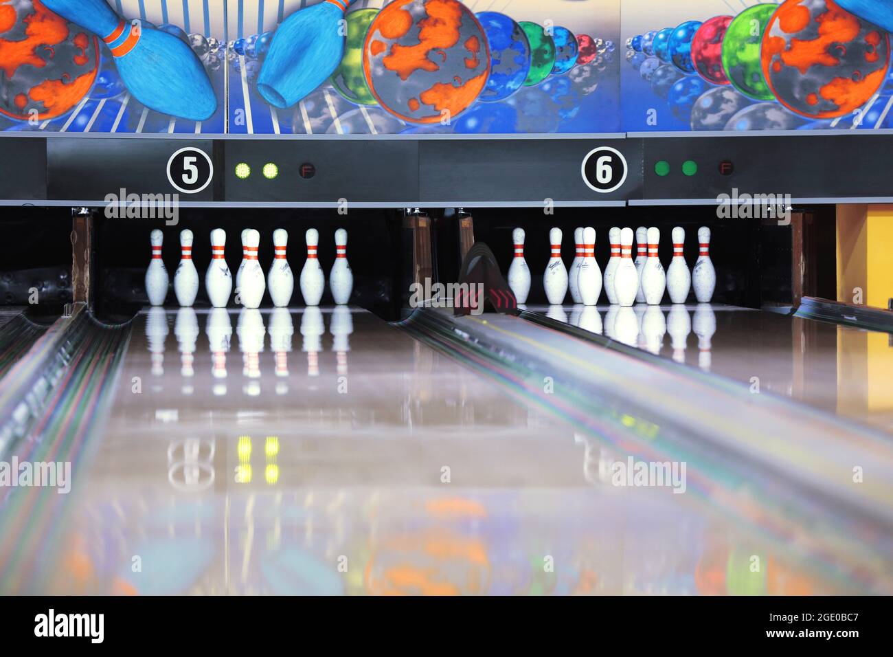 Bowling alley with pins Stock Photo Alamy