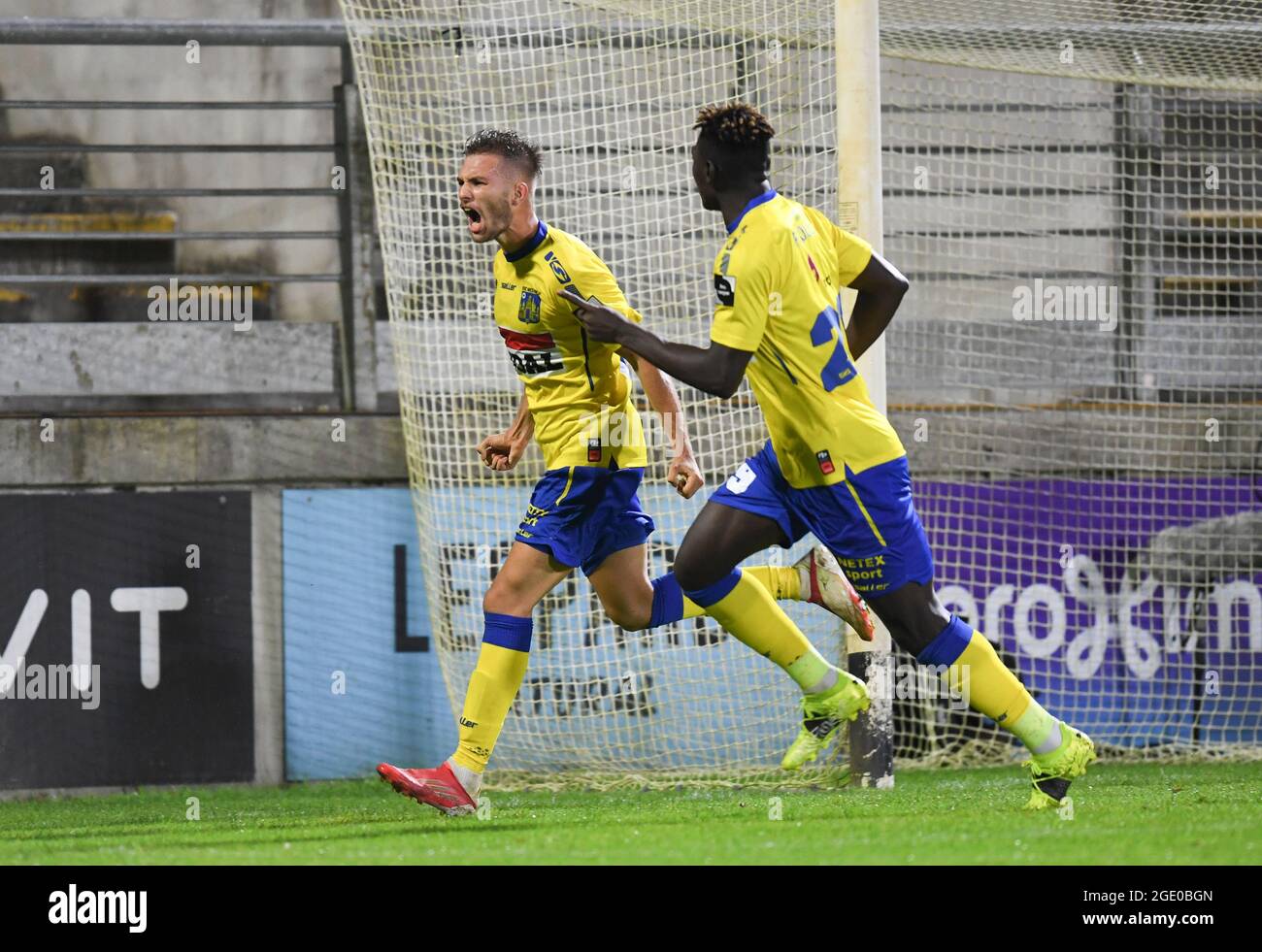 Westerlo's Daan Driesen celebrates after scoring during a soccer match between Royal Excelsior Virton and KVC Westerlo, Sunday 15 August 2021 in Virto Stock Photo
