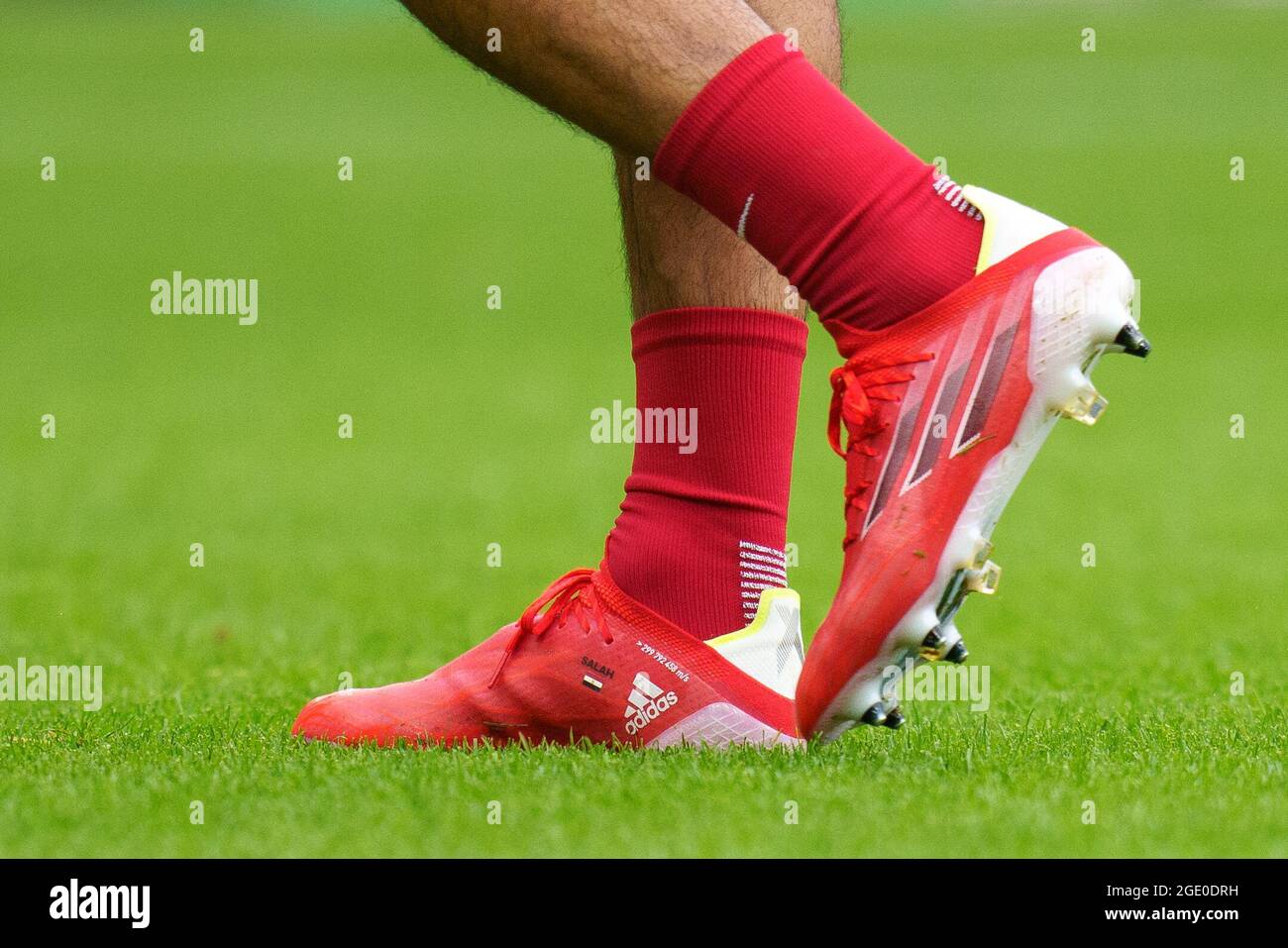 Norwich, UK. 14th Aug, 2021. The Adidas football boots of Mohamed 'Mo'  Salah of Liverpool during the Premier League match between Norwich City and  Liverpool at Carrow Road, Norwich, England on 14