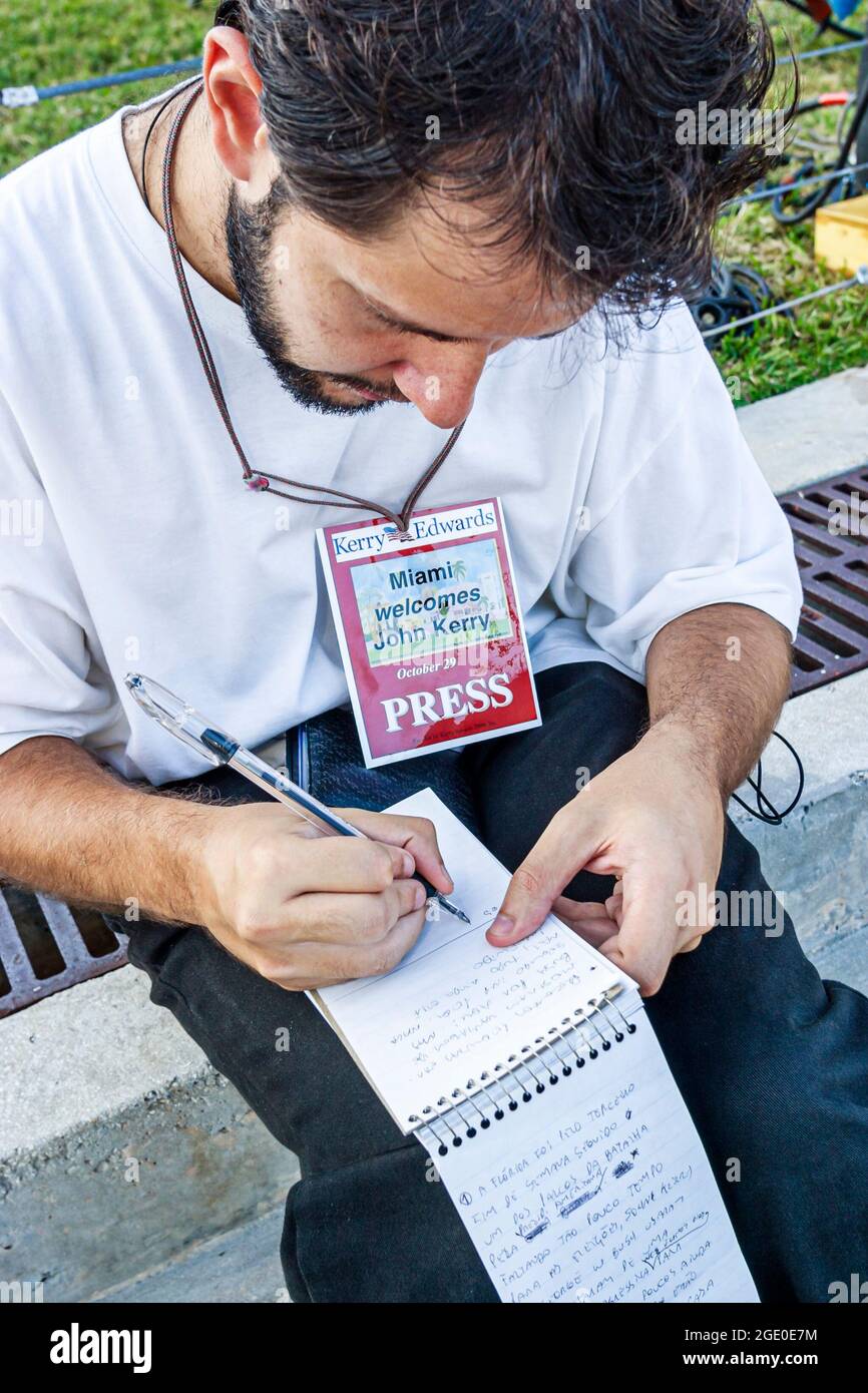 Florida Democratic Party Presidential Election rally man male,political journalist reporter media interview interviewing interviews press pass, Stock Photo