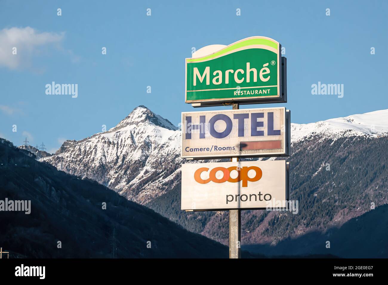 BELLINZONA, SWITZERLAND - MARCH 7, 2020: The Marche represents a highway chain of restaurants owned by the Swiss trading company Coop. Stock Photo