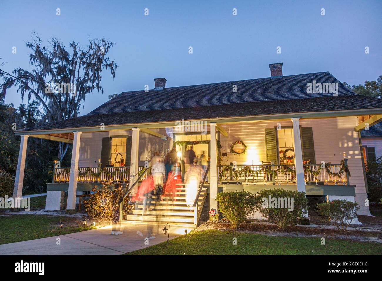 Florida Gainesville Haile Homestead Plantation House,Candlelight Visits front entrance outside exterior evening night, Stock Photo