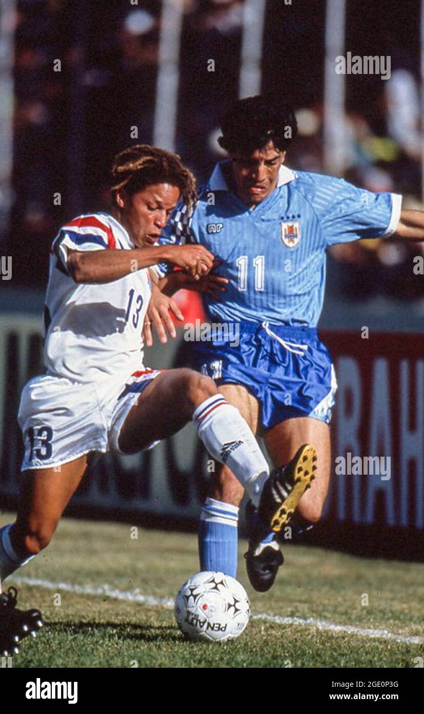 Cobi Jones (13) of the USA in action against Uruguay in the 1993 Copa America tournament in Ecuador. Stock Photo