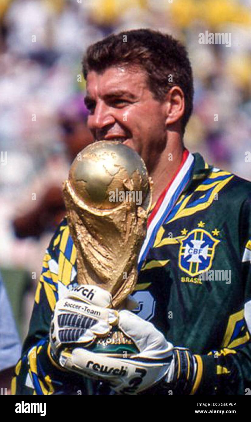 Brazil goalkeeper Zetti with the 1994 World Cup trophy after the final against Italy. Stock Photo