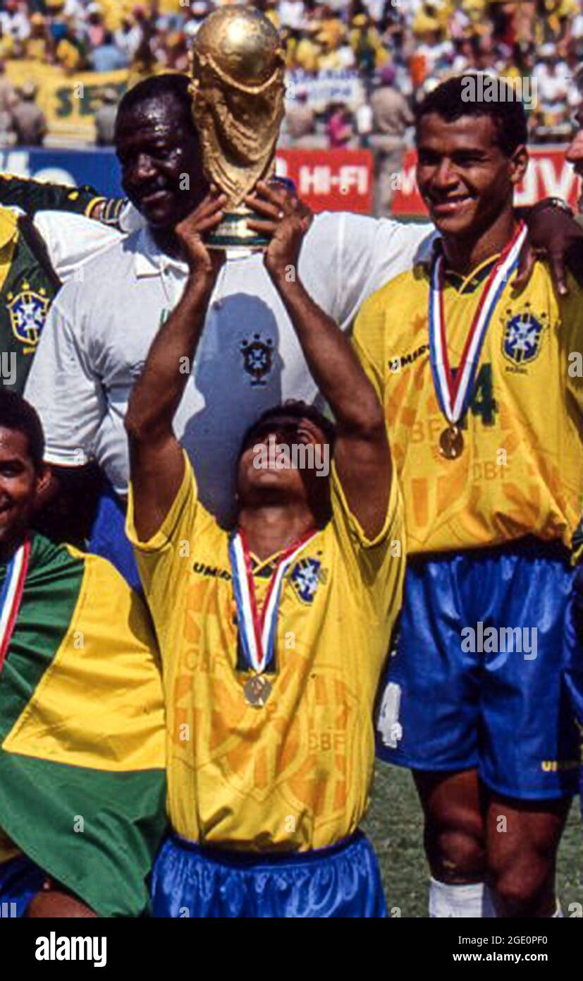 Romario with the with trophy and Cafu of Brazil after the final of the 1994 FIFA World Cup Stock Photo