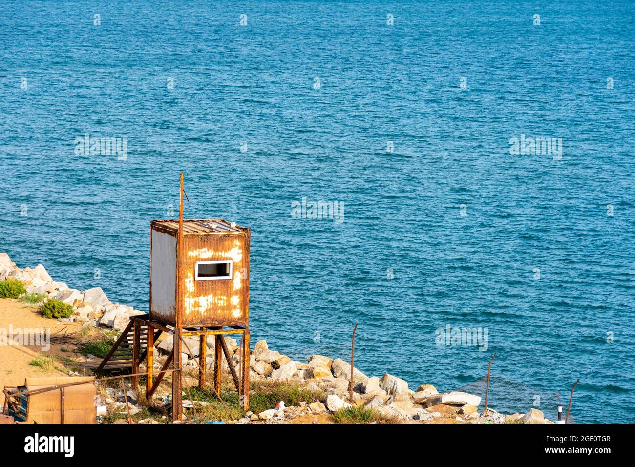 High angle view of steel cabin for guard on the beach in Skikda, Algeria. Stock Photo