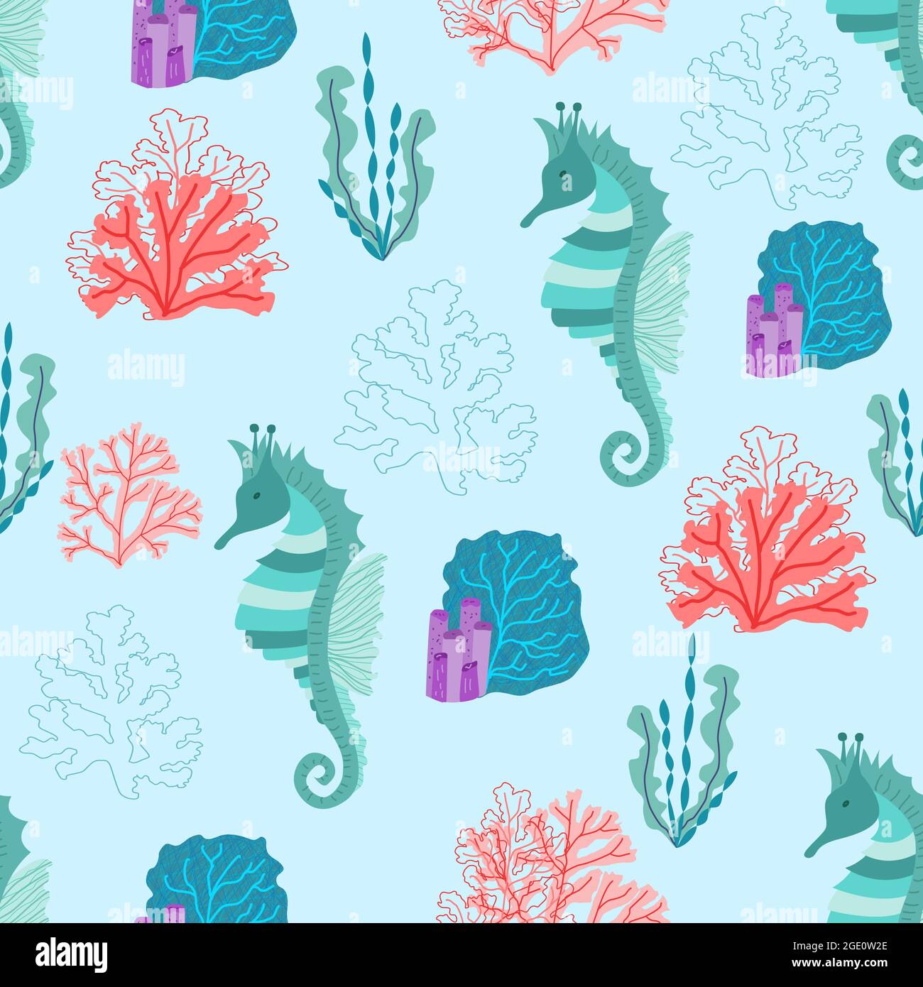 Marine vector seamless pattern with cartoon seahorses, algae and corals ...