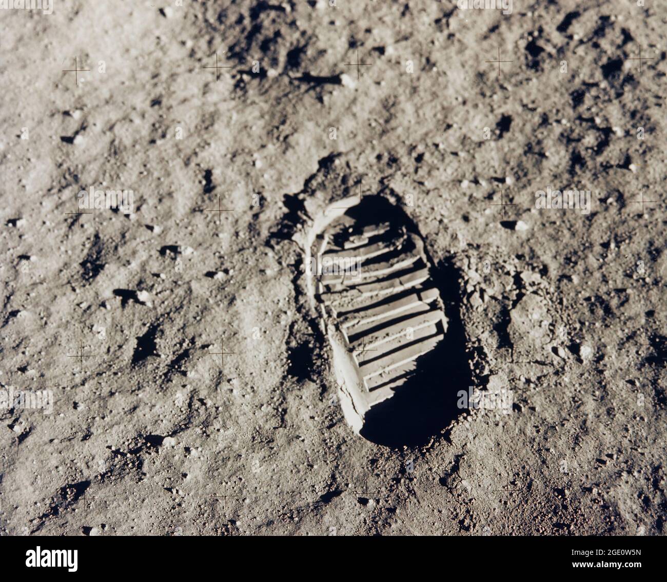 Apollo 11 Bootprint One of the first steps taken on the Moon, this is an image of Buzz Aldrin's bootprint from the Apollo 11 mission. Neil Armstrong and Buzz Aldrin walked on the Moon on July 20, 1969. Stock Photo