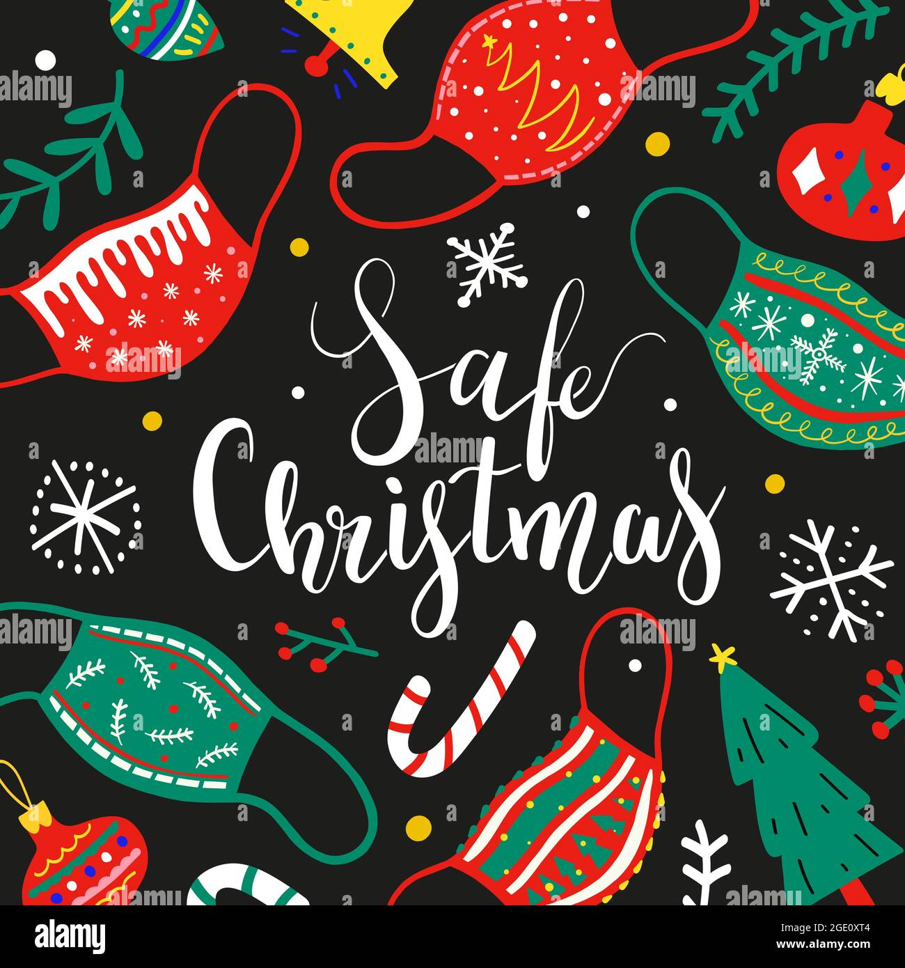 Safe Christmas card with lettering, protective face masks with christmas ornaments, party invitation , postcard vector template with copy space Stock Vector