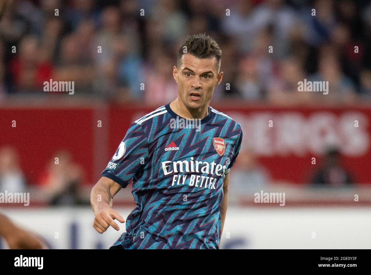 Brentford, UK. 13th Aug, 2021. Arsenal Granit Xhaka during the Premier League match between Brentford and Arsenal at the Brentford Community Stadium, Brentford, England on 13 August 2021. Photo by Andrew Aleksiejczuk/PRiME Media Images. Credit: PRiME Media Images/Alamy Live News Stock Photo