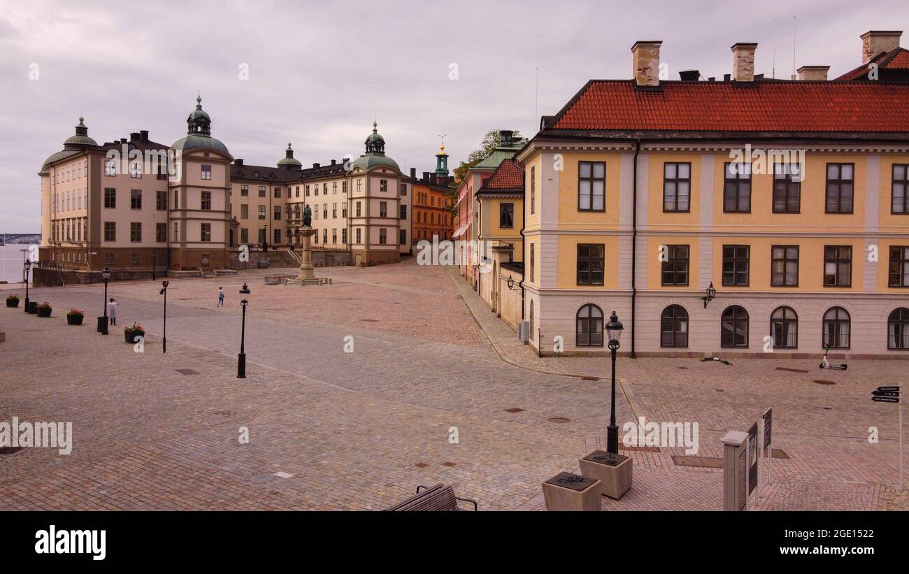 Birger Jarl statue, Riddarholmen, and Stenbockska palace, a drone shot of the centre of Stockholm, Sweden Stock Photo