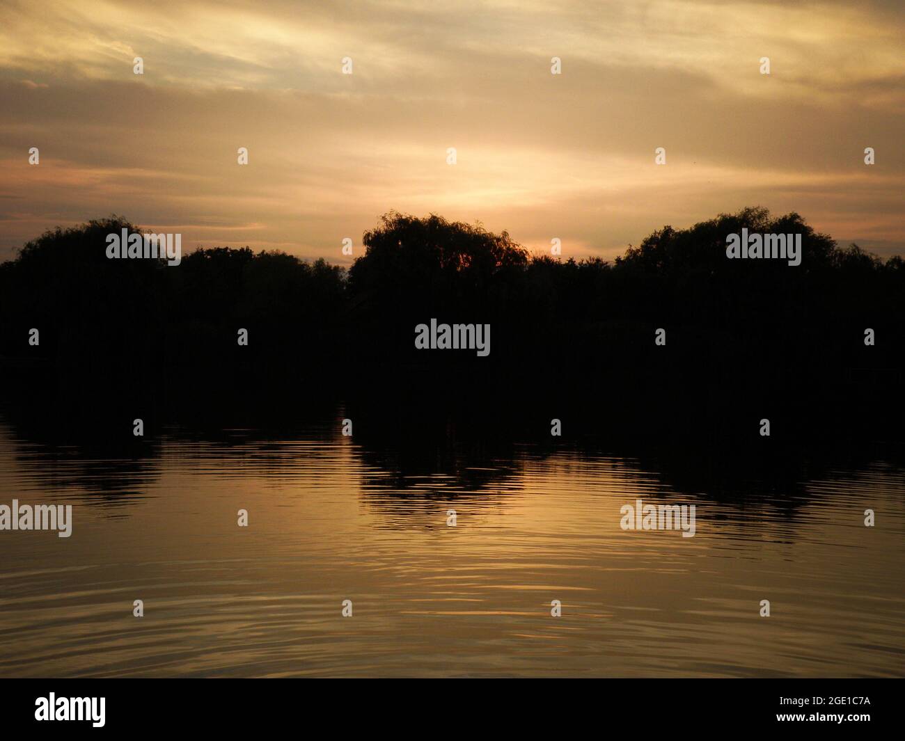 Colorful Sunset with tree silhouette reflecting at the lake Stock Photo ...