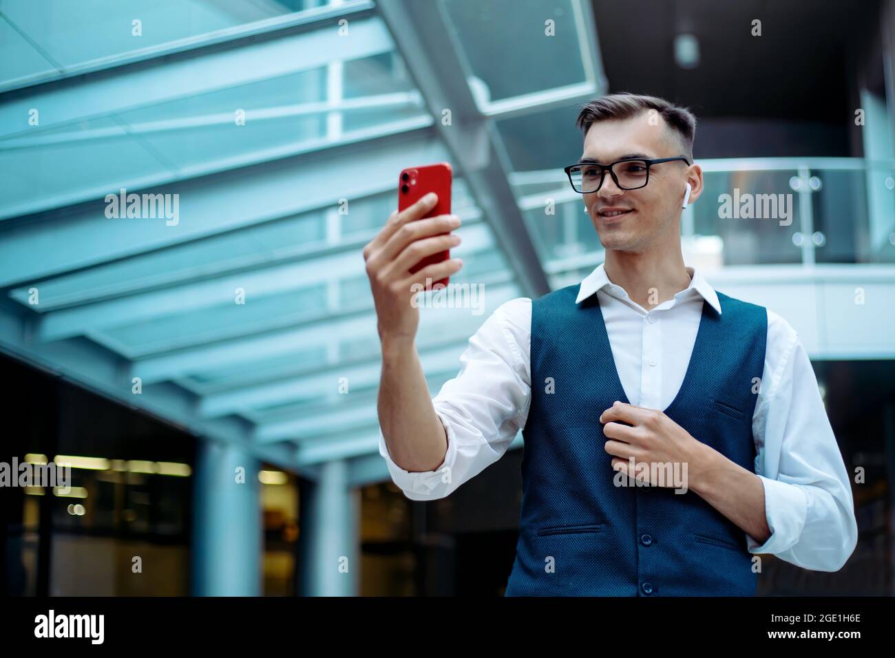 young man talking on a video link. Stock Photo