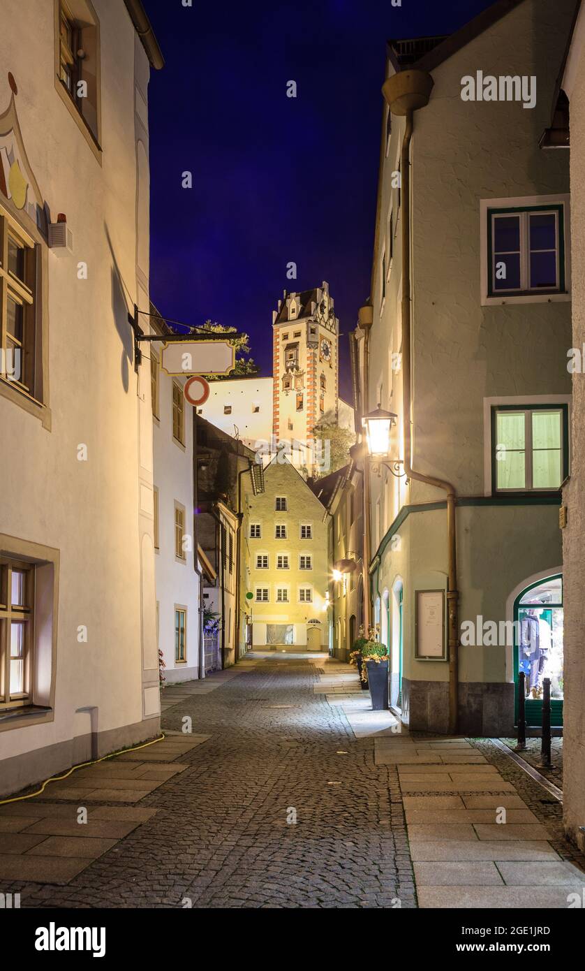Narrow street in Fussen, Germany at night Stock Photo