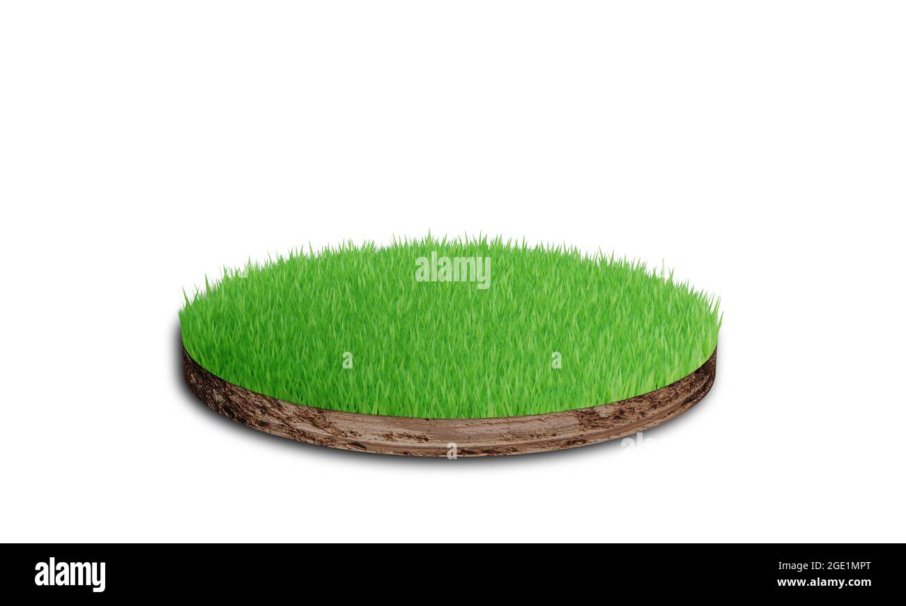 Soil round cross section with grass isolated on white background. 3D ...