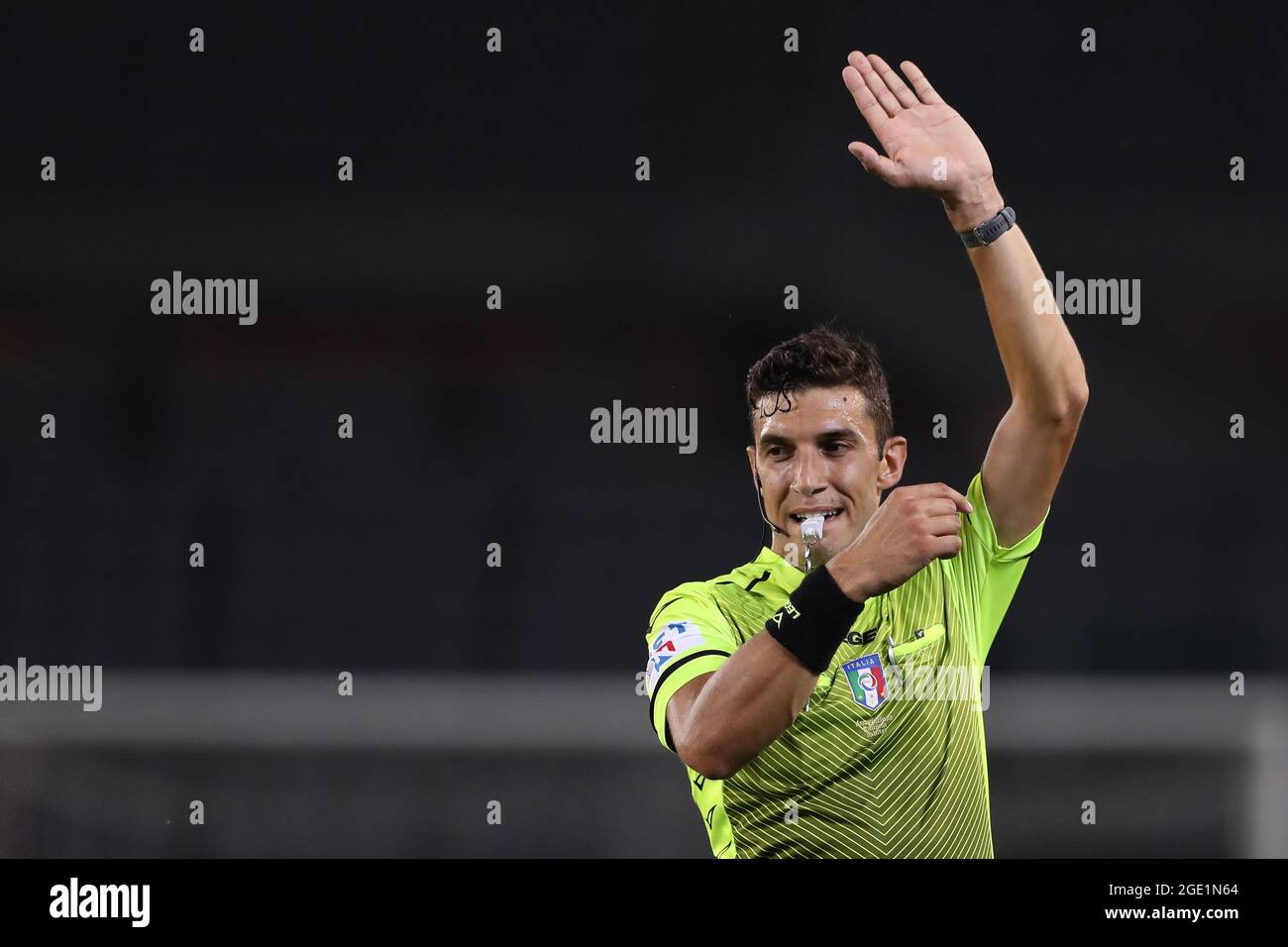 Turin, Italy, 15th August 2021. The fourth official Paride Tremolada on the field of play as a substitute referee following an injury to Giovanni Ayroldi, blows for offside during the Coppa Italia match at Stadio Grande Torino, Turin. Picture credit should read: Jonathan Moscrop / Sportimage Credit: Sportimage/Alamy Live News Stock Photo