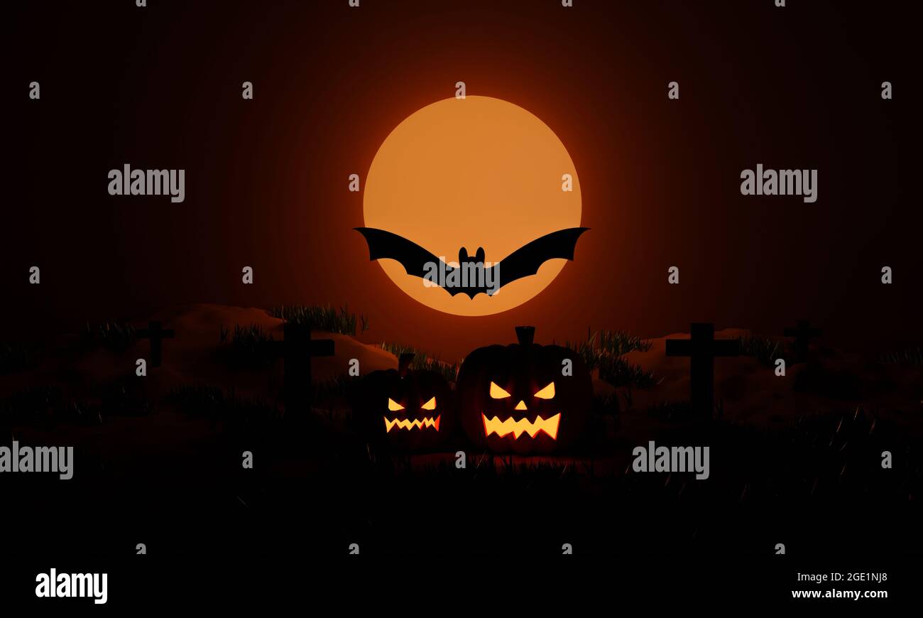 Halloween pumpkins and flying bats at moonlight in the spooky night ...