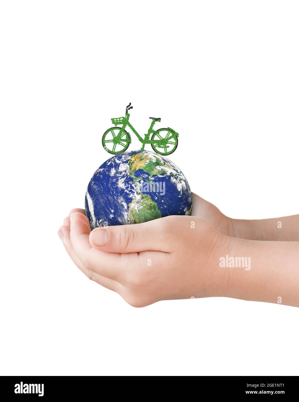 Hand holding globe earth with green bicycle isolated on white background. Environment day concept. Elements of this image furnished by NASA Stock Photo