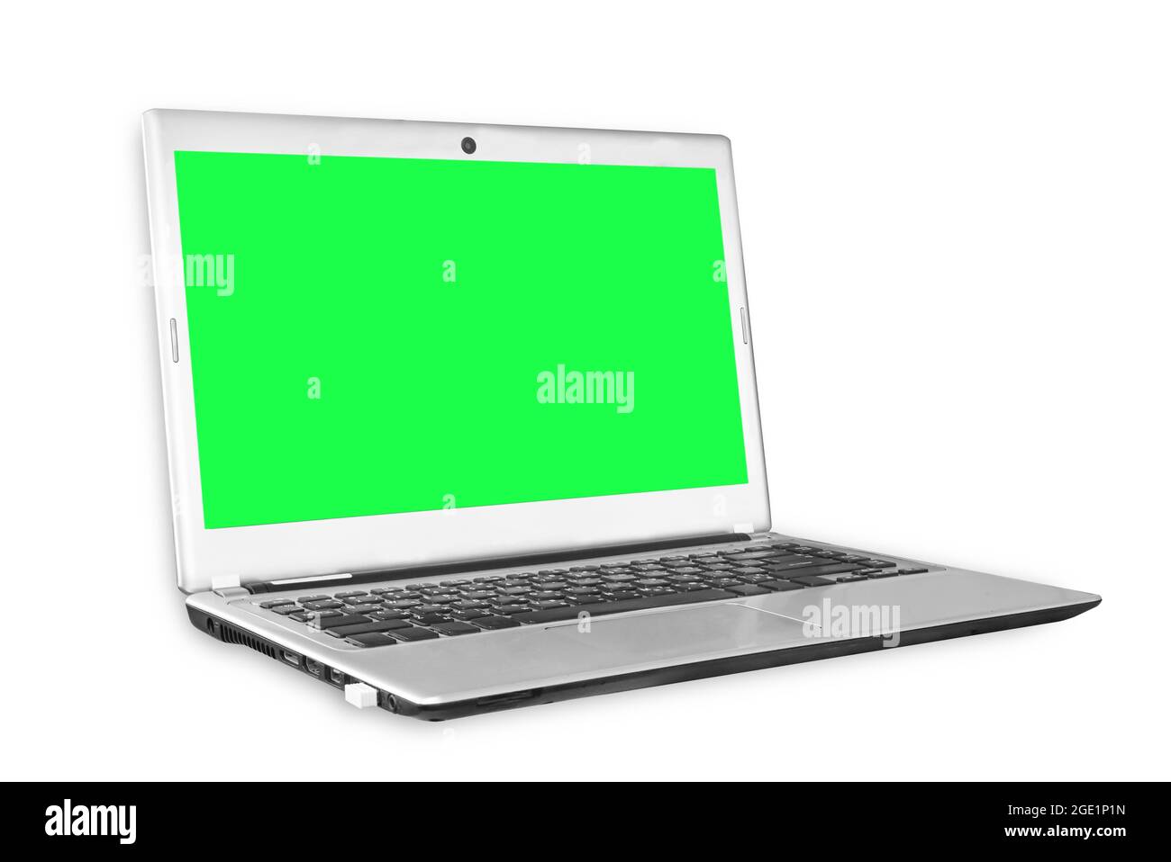 laptop computer with green screen isolated on white background. Mockup Stock Photo