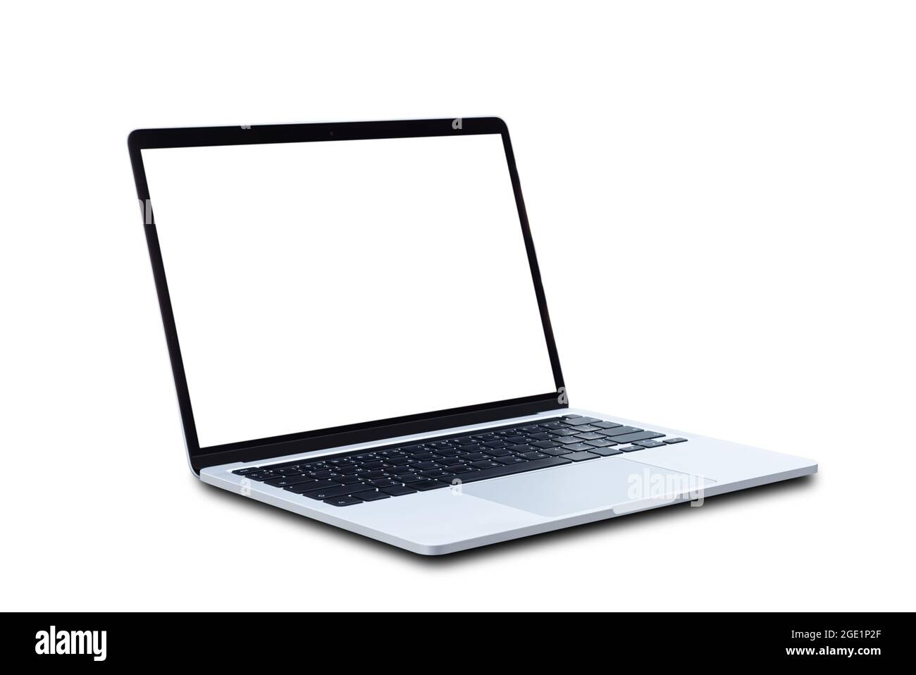 Laptop computer with blank screen isolated on white background. Stock Photo