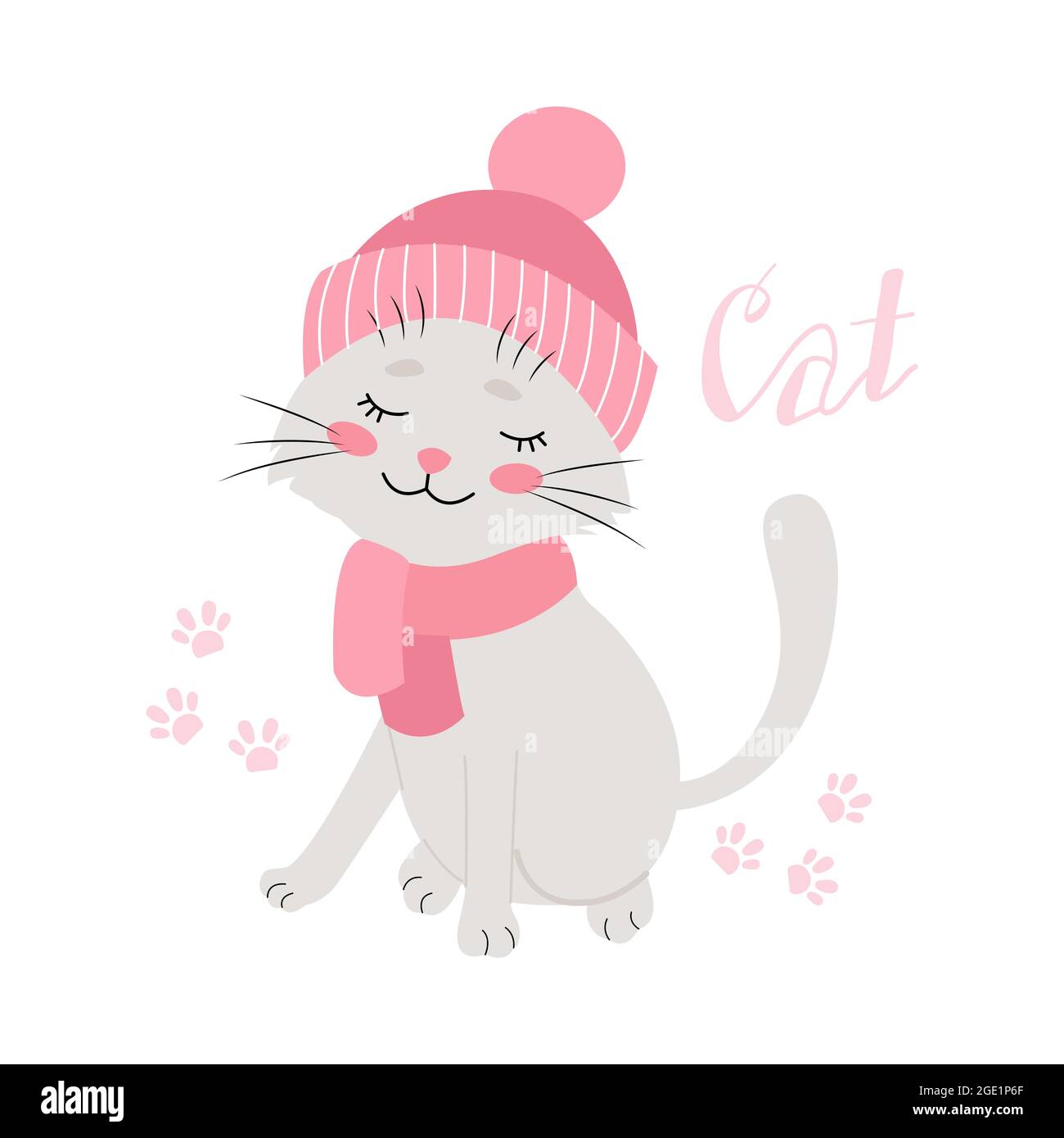 Cat in a winter hat, funny pets, vector illustration. Isolated. Flat design Stock Vector
