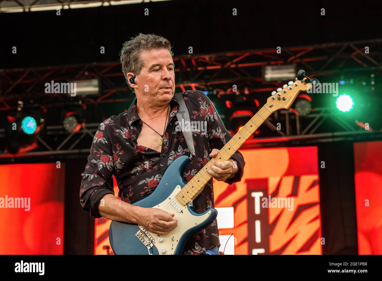 Edmonton, Canada. 14th Aug, 2021. Glass Tiger guitarist Al Connelly performs at the Edmonton Rock Fest as part of the Together Again Outdoor Festival series at Northlands Exhibition Grounds in Edmonton. Together Again YEG Festival is a series of concerts during the month of August and September in Edmonton. Credit: SOPA Images Limited/Alamy Live News Stock Photo