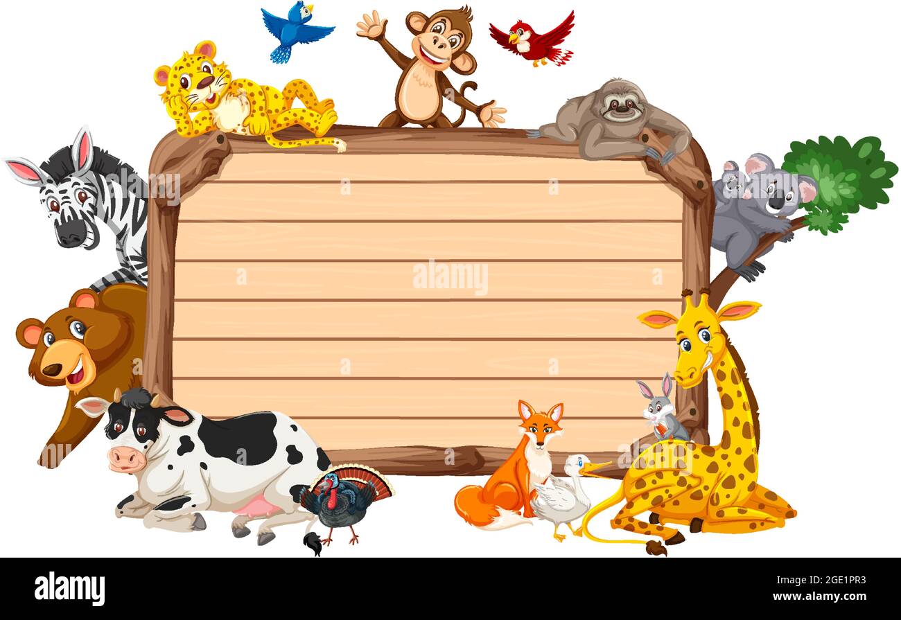 Empty wooden board with various wild animals illustration Stock Vector ...