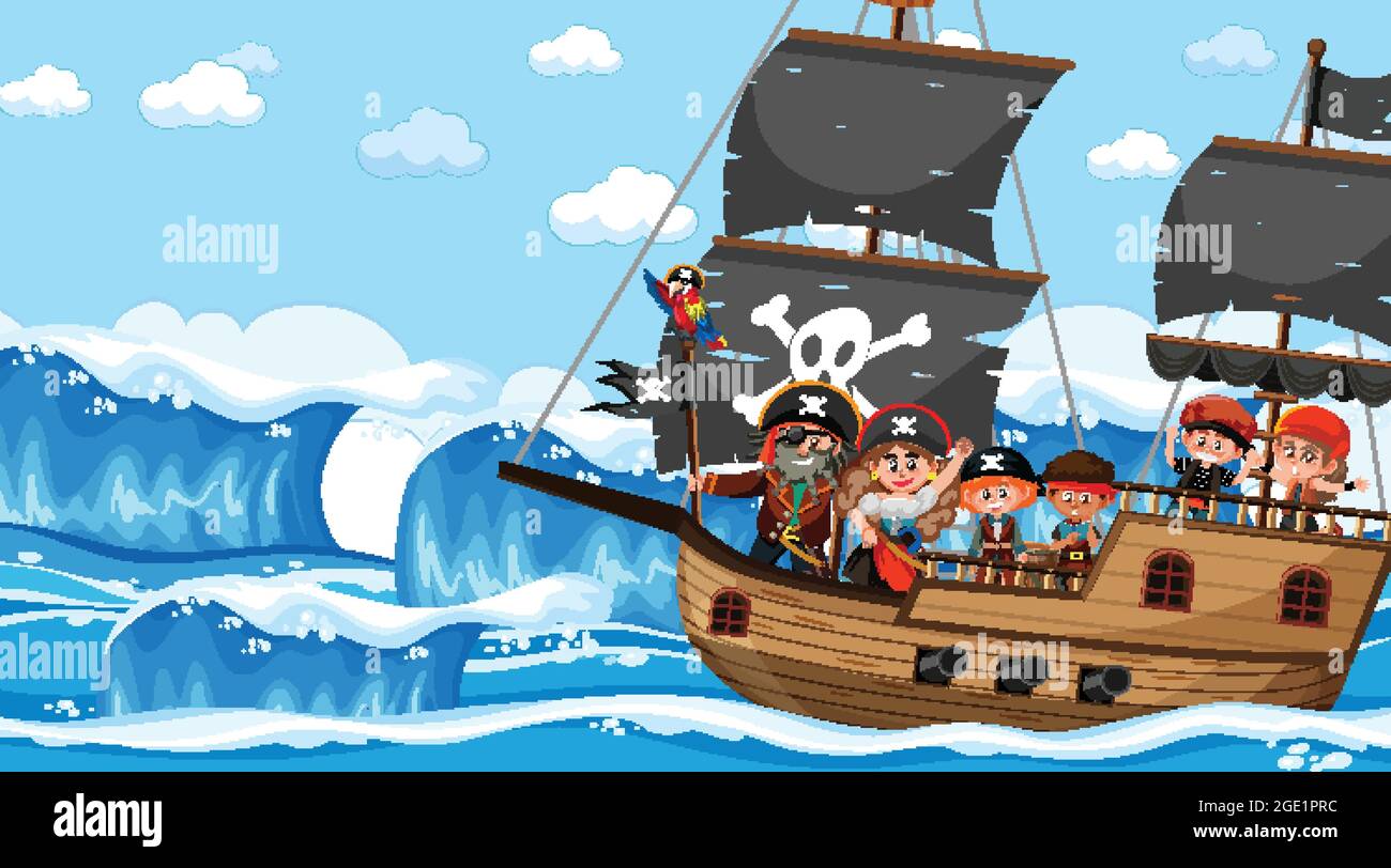 Ocean scene at daytime with Pirate kids on the ship illustration Stock ...