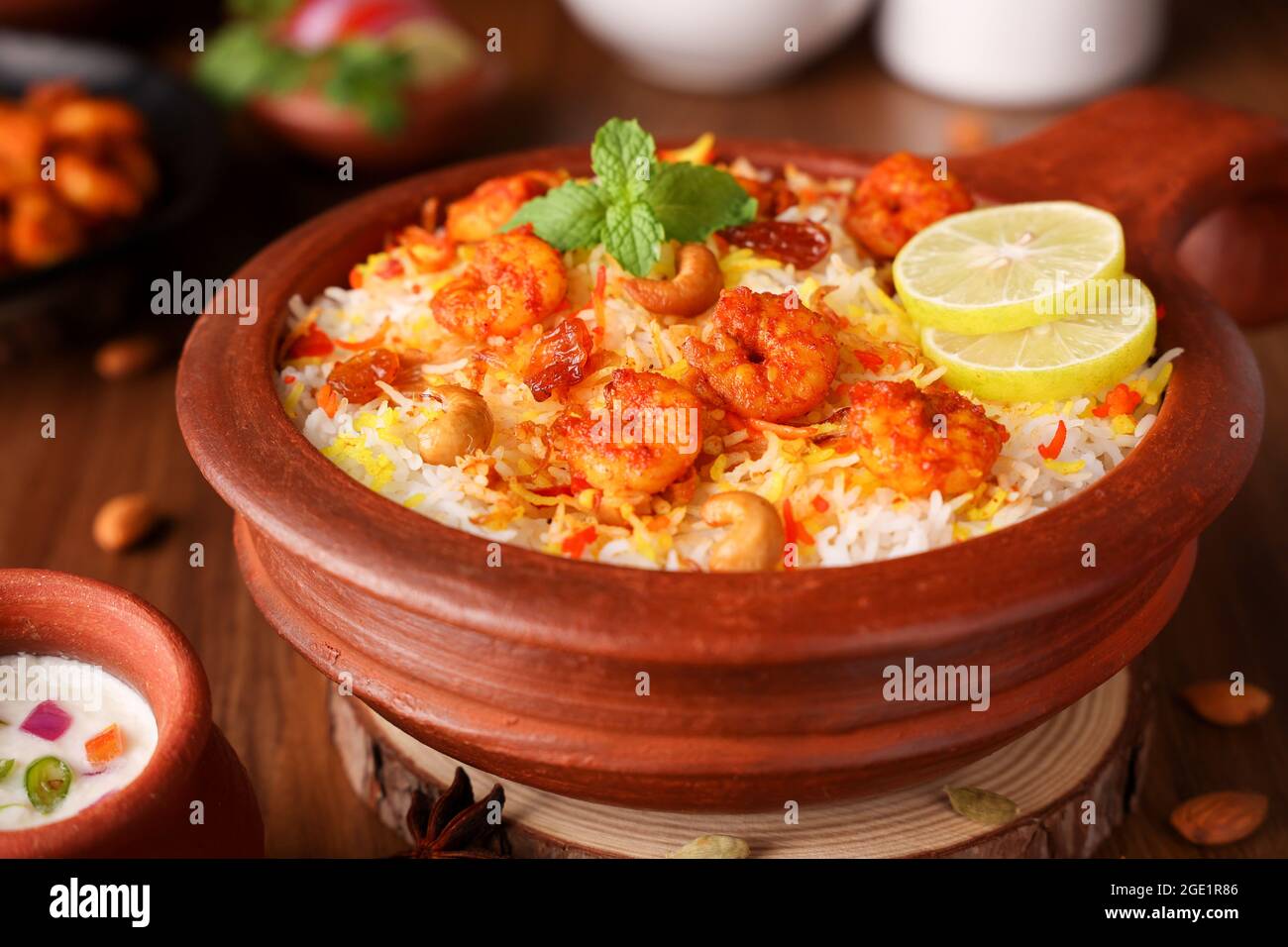 Prawn or shrimp biryani, Fish biryani. Spicy and delicious Malabar biryani or Hydrabadi biryani