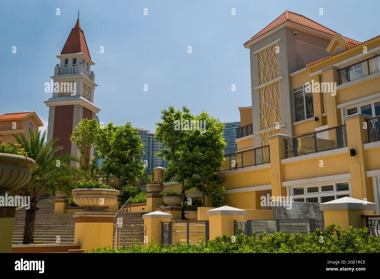 DB North Plaza, Discovery Bay, Lantau Island, Hong Kong (2011), features a small campanile inspired by St Mark's in Venice Stock Photo