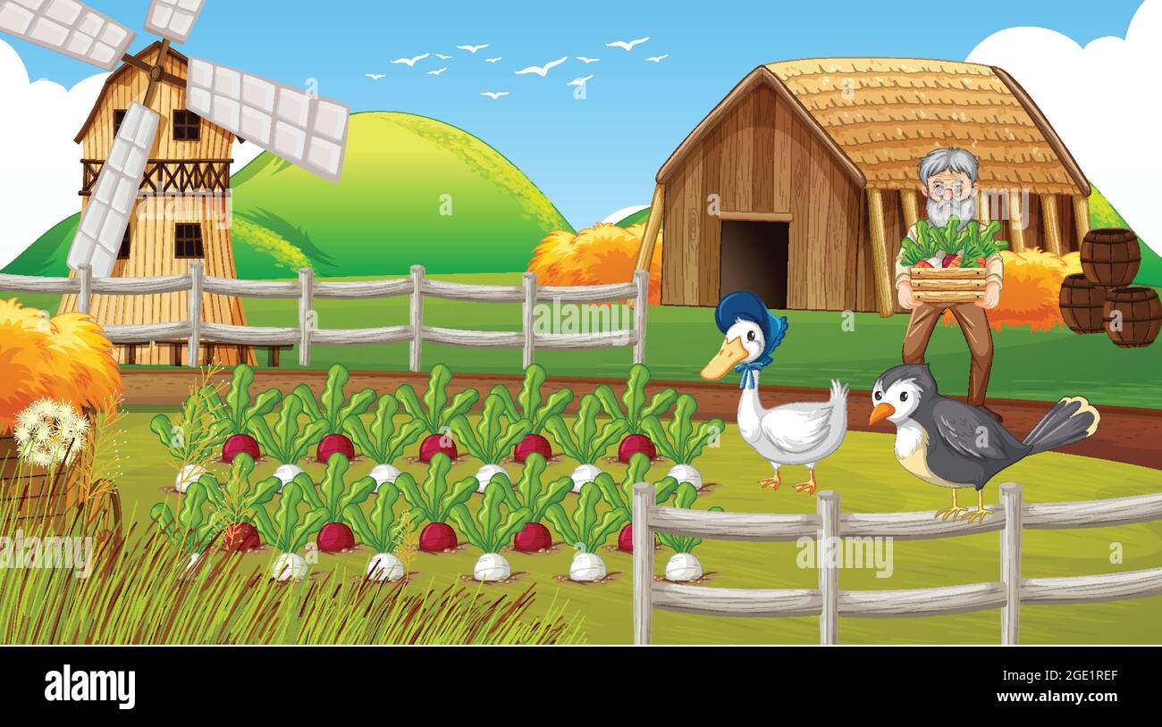 Farm scene with old farmer man and farm animals illustration Stock ...