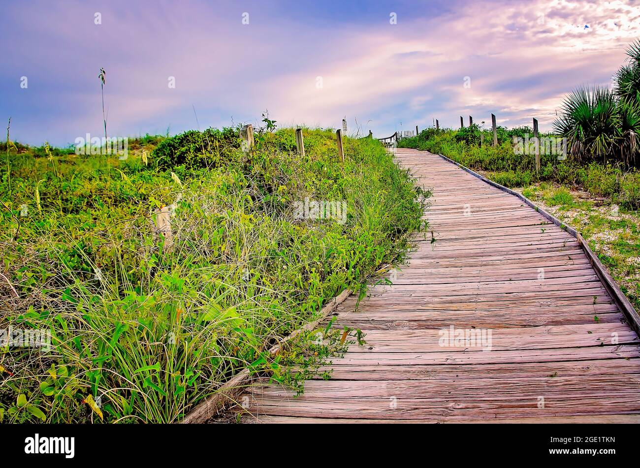 A boardwalk leads to an observation deck at Dauphin Island Public Beach