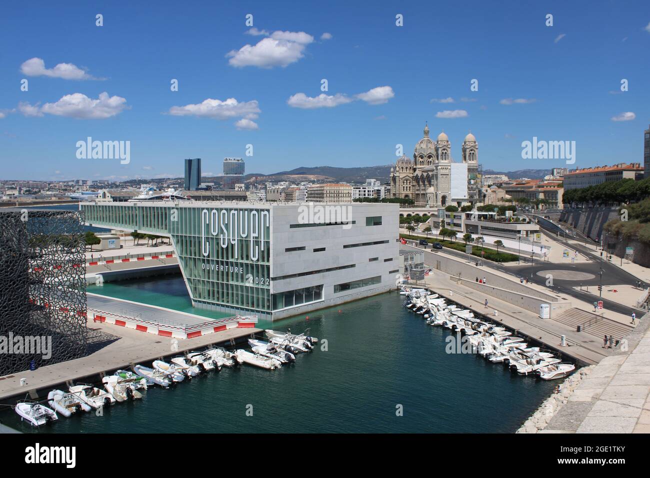 View of Mucem & future building replica of the Cosquer cave, Villa Mediterranée, cathedral La Major in the background, Marseille, France Stock Photo